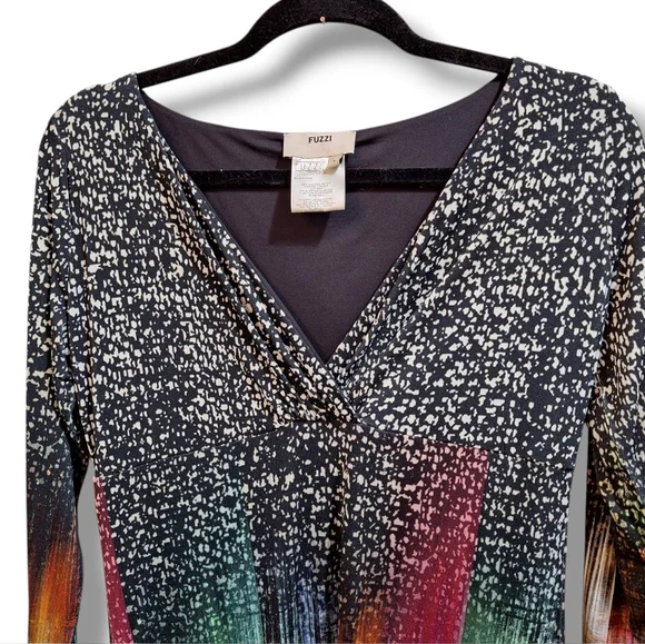 Fuzzi Midi Sheath Dress Womens Size L Long Sleeve V Neck Lined Colorful - Picture 3 of 8